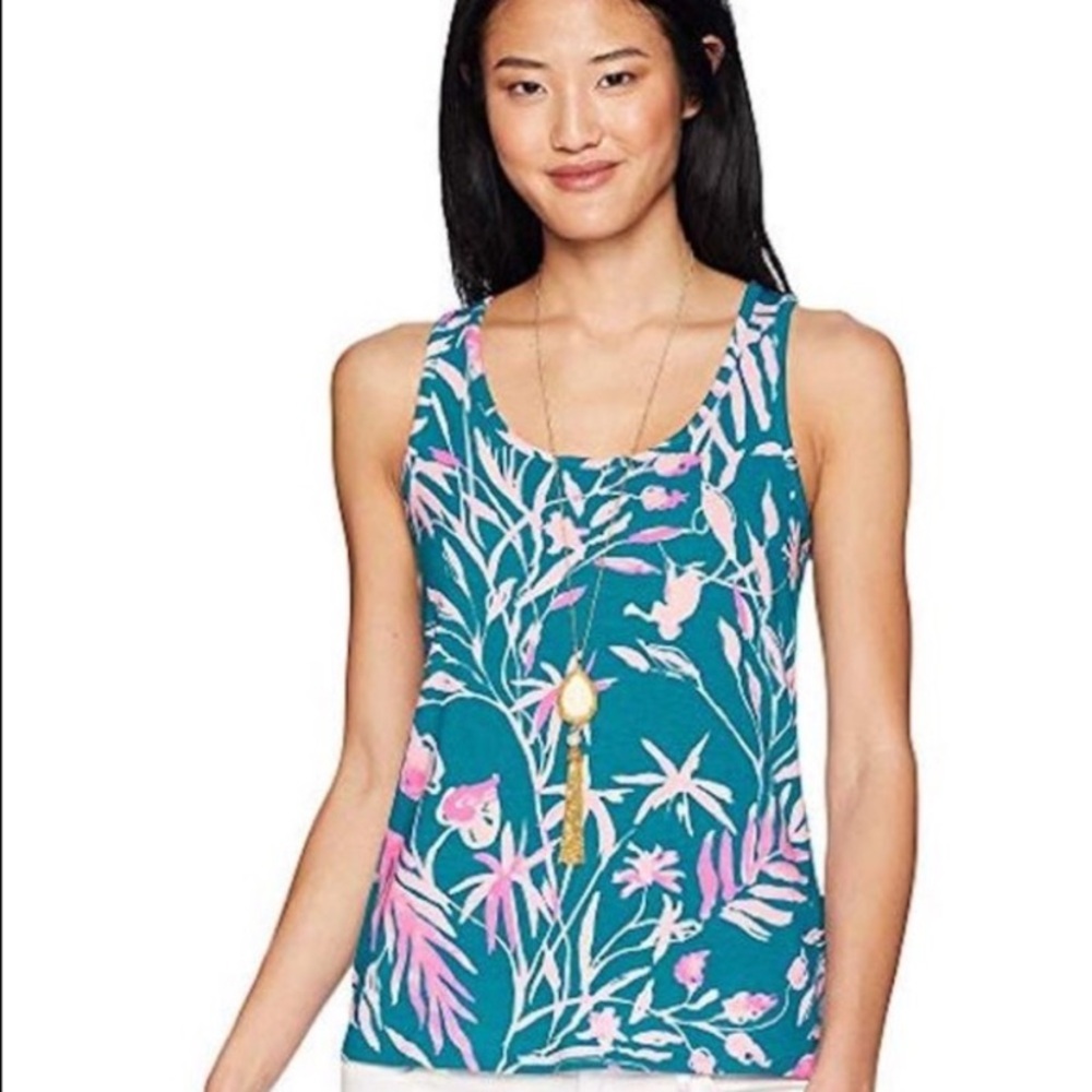 Lilly Pulitzer Noemi Tank Top Tidal Wave Teal Pink Tassel Back Keyhole Size XS